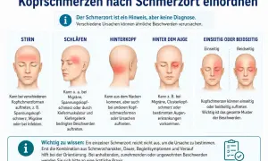 Kopfschmerzen auf dem Kopf: Stirn, Schläfen, Hinterkopf, Auge, einseitig oder beidseitig. Verschiedene Ursachen möglich.