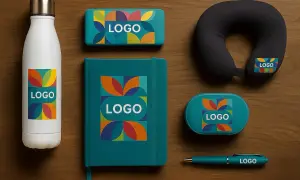 Zestaw gadżetów reklamowych: butelka, notes, poduszka podróżna, etui, długopis. Wszystkie przedmioty ozdobione kolorowym logo.