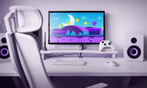 Ein Gaming-Setup mit weißem Stuhl, Monitor mit bunter Spielewelt, Tastatur, Maus und Lautsprechern. Perfekt für Twitch Prime Gaming.