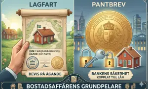En hand håller upp ett dokument med en karta och ett hus. Bredvid syns ett stort pantbrev, lås och nyckel, som symboliserar pantbrev kostnad och bankens säkerhet kopplat till lån.