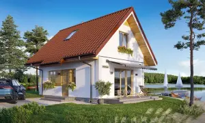 Projekt domu Sosenka nad jeziorem, z łodziami i żaglówkami na wodzie.