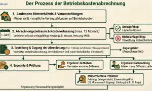 Ablauf der Betriebskostenabrechnung: Vorauszahlungen, Erfassung umlagefähiger Kosten, Erstellung & Zugang der Abrechnung, Ergebnis (Guthaben/Nachzahlung). Anpassung der Vorauszahlung möglich.