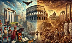 En episk scen av plundrade rom, med soldater, Colosseum och antika ruiner. En berättelse om lag och stammar.
