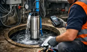 Technik sprawdza, czy pompa zanurzeniowa może być cały czas w wodzie, monitorując jej pracę.