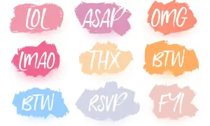 Nubes de colores con acrónimos: LOL, ASAP, OMG, LMAO, THX (que significa "gracias" en inglés), BTW, RSVP, FYI.