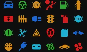Icone cruscotto auto: spie BMW, ESP, ABS, batteria, cambio, luci, serbatoio, airbag, estintore, ruote, motore, ecc.