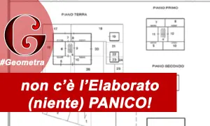 Disegno tecnico con planimetrie di piani. Il logo #Geometra e la scritta "non c'è l'Elaborato (niente) PANICO!" suggeriscono che i beni comuni non censibili sono gestiti con semplicità.