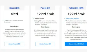 Trzy pakiety usług biura informacji kredytowej: Raport BIK (49 zł), Pakiet BIK (129 zł/rok) i Pakiet BIK MAX (199 zł/rok).