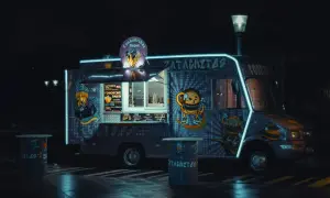 Food truck "Zatachitas" nocą, z neonami i zabawnymi grafikami. Idealny pomysł na dofinansowanie na food trucka!