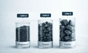 Porównanie aktualnych cen węgla: ekogroszek 1500 zł, orzech 1630 zł, kostka 1580 zł.