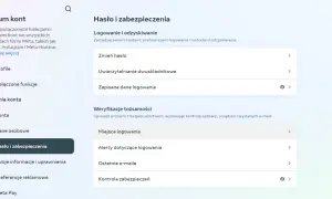 Centrum kont Meta: Hasło i zabezpieczenia. Sekcja "Logowanie i odzyskiwanie" pozwala sprawdzić, jak sprawdzić logowanie na Messengerze, zmienić hasło i włączyć uwierzytelnianie dwuskładnikowe.