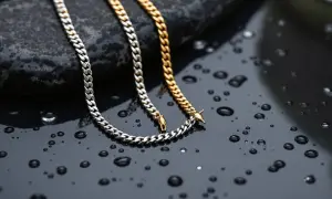 Dos cadenas, una plateada y otra dorada, descansan sobre una superficie oscura con gotas de agua, demostrando que el acero inoxidable se puede mojar sin problemas.