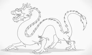 Un drago disegno facile per bambini, con lunghe spire e artigli affilati, pronto a prendere vita con i colori.
