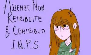 Ragazza con espressione accigliata, testo "Assenze Non Retribuite & Contributi I.N.P.S." su sfondo viola.