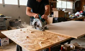 Un homme utilise une scie circulaire pour couper du panneau OSB. Il se demande quelle lame pour couper parquet stratifié.