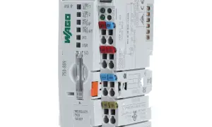 Moduł WAGO 750-889, kontroler KNX IP, z wieloma wskaźnikami LED i złączami.