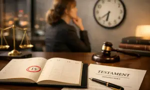 Na biurku prawnika leży testament i kalendarz z zaznaczoną datą. Rozważania nad ogłoszeniem testamentu a zachowkiem.