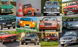 Eine Collage mit vielen bekannten oldtimer marken: Alfa Romeo, Citroën, Volvo, VW, BMW, Lotus, Mercedes, Porsche, Ford Mustang, Peugeot, Fiat, Opel.