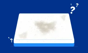 A dirty mattress with stains, possibly from bed mites, surrounded by question marks.