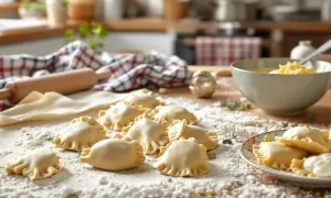 Gotowe do gotowania pierogi ruskie, świeżo lepiońce na blacie kuchennym. Obok wałek, ciasto i miska z farszem.