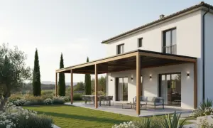 Una casa moderna con un giardino curato e una pergola in legno, ideale per costruire uno spazio esterno accogliente.