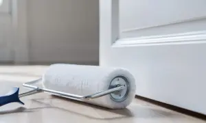 Rouleau de peinture blanc sur parquet, prêt à enlever traces rouleau de peinture sur une porte blanche.