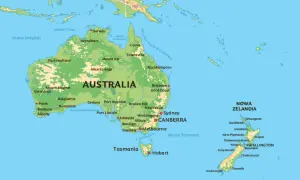 Mapa Australii i Nowej Zelandii. Gdzie jest Sydney? Znajduje się na wschodnim wybrzeżu Australii, niedaleko Canberry.