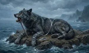A large wolf is bound by silver ribbons on a rocky island, biting a sword.
