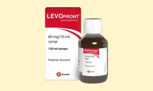 Opakowanie i butelka syropu LevoPront 120 ml. Informacje o dawkowaniu i składzie.