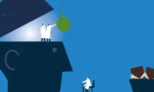 Ärzte "nudgen" einen Apfel in einen geöffneten Kopf, während Schokolade lockt. Illustration zur Nudge-Theorie.