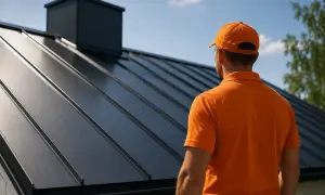 Man i orange tröja inspekterar ett nytt, mörkt plåttak. Dags att måla plåttak för att skydda det.