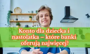 Uśmiechnięty nastolatek siedzi przy stole, trzymając długopis. Na zielonym tle tekst.