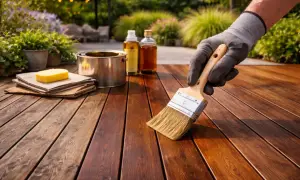 Mano enguantada aplica aceite a una terraza de madera, mejorando su **tratamiento madera exterior**. Se ven latas y botellas de producto.