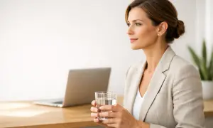 Donna con bicchiere d'acqua, laptop sullo sfondo. Nonostante l'apparente calma, potrebbe nascondere un'ansia ad alto funzionamento.