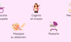 Consejos para calmar a un bebé en crisis: chupete, brazos, mecerlo, masaje abdominal y paseo.