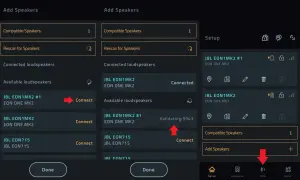 Interface pour connecter JBL ensemble. L'écran montre la recherche et la connexion d'enceintes JBL EON1MK2.