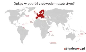 Mapa świata z zaznaczonymi terytoriami dostępnymi na wakacje bez paszportu: Europa, wyspy atlantyckie, Karaiby, Reunion, Majotta, Nowa Kaledonia, Polinezja Francuska.