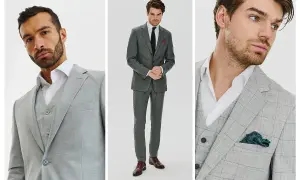 Eleganckie szare garnitury stylizacje. Trzech mężczyzn prezentuje różne kroje i detale, od gładkich po kratę, z kamizelkami i poszetkami.