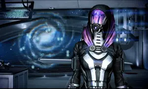 Tali'Zorah z Mass Effect 3, w tle galaktyka. Czy jej romans z Shepardem będzie miał szczęśliwe zakończenie?