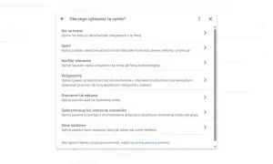 Zgłaszanie opinii Google. Wybierz powód: nie na temat, spam, konflikt interesów, wulgaryzmy, nękanie, dyskryminacja, dane osobowe.