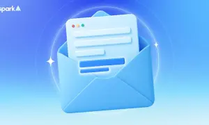 Un sobre azul abierto con un documento digital dentro. Un mensaje de despedida en inglés, listo para enviar.