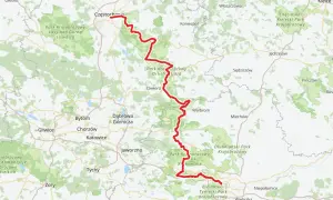Mapa z zaznaczoną trasą rowerową od Częstochowy przez parki krajobrazowe po okolice Krakowa.