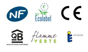 Six logos : NF, EU Ecolabel, CE, QB, Flamme Verte, et KEYMARK. Le logo CE indique la conformité européenne.