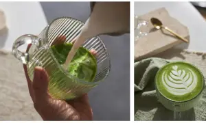 Przygotowanie pysznego picia matchy. Mleko wlewane do zielonego napoju w szklance. Gotowy napój z pianką w filiżance.
