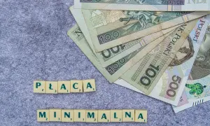 Polskie banknoty 100 zł i 500 zł ułożone wachlarzowo, obok kafelki z napisami "PŁACA" i "MINIMALNA".
