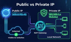 Publiczny IP 203.0.113.42 łączy się z Internetem. Prywatny IP 192.168.1.x i 10.0.0.x są w sieci lokalnej, za bramą NAT. Chcesz znaleźć IP?