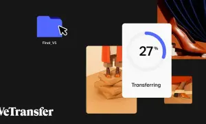 Folder "Final_V5" jest przesyłany. Widzimy postęp 27% na ekranie WeTransfer.