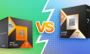 Zwei AMD Ryzen 7 Prozessoren, einer mit 7000er Serie und der andere mit 9000er Serie, stehen sich gegenüber.