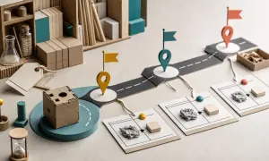 Un mapa de ruta visual que representa el **método lean startup**, con marcadores de ubicación, cajas de cartón y elementos que sugieren experimentación y desarrollo.