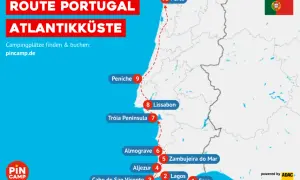Karte zeigt eine Route entlang der Atlantikküste Portugals, von Faro bis Porto. Ideal für einen **Zug nach Portugal** mit vielen Stopps.
